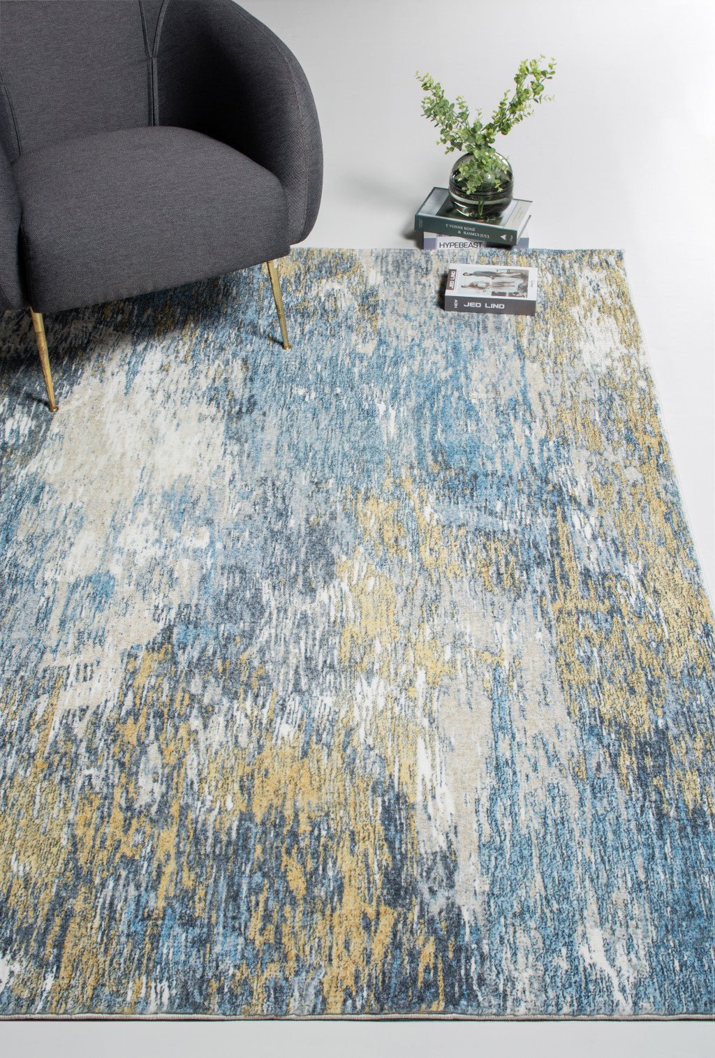 5' X 8' Blue And Gold Abstract Dhurrie Area Rug