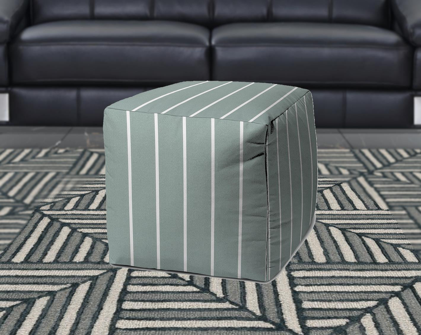 17" Blue Cube Striped Indoor Outdoor Pouf Cover