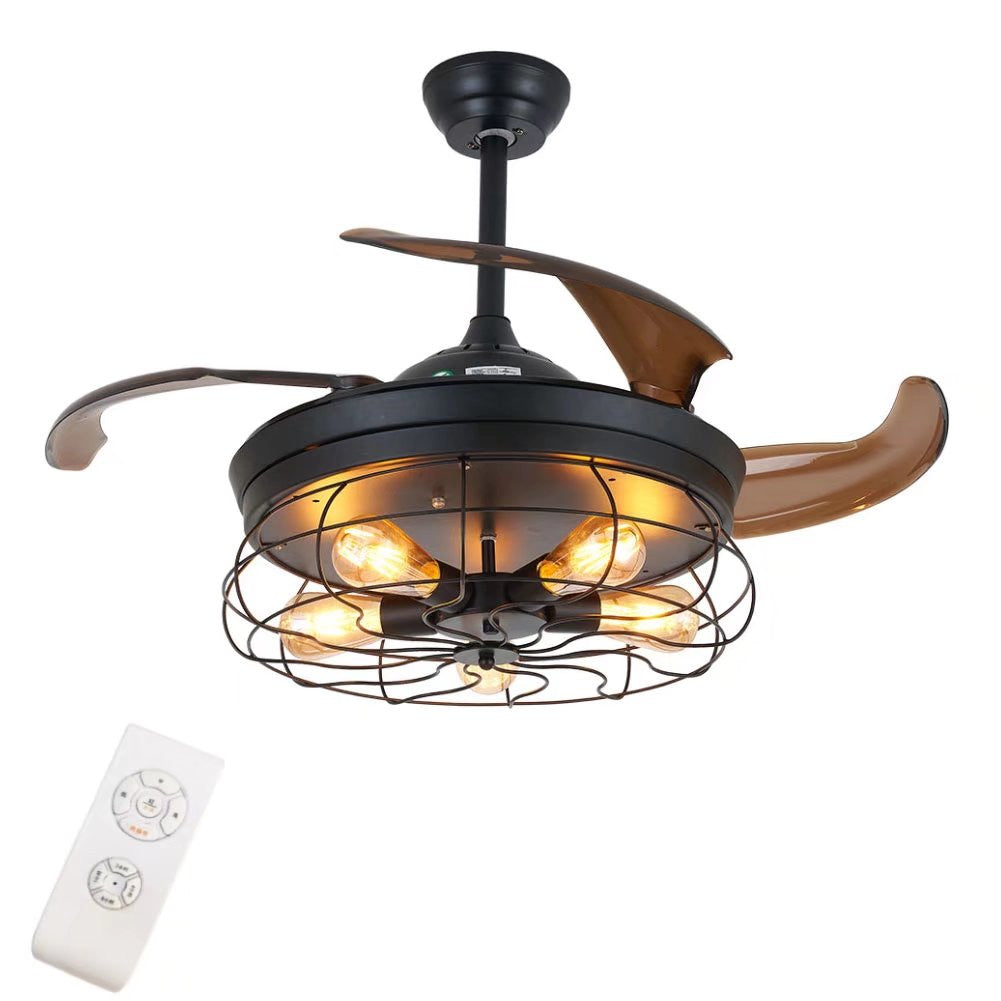 Industrial Caged Ceiling Lamp And Retractable Fan