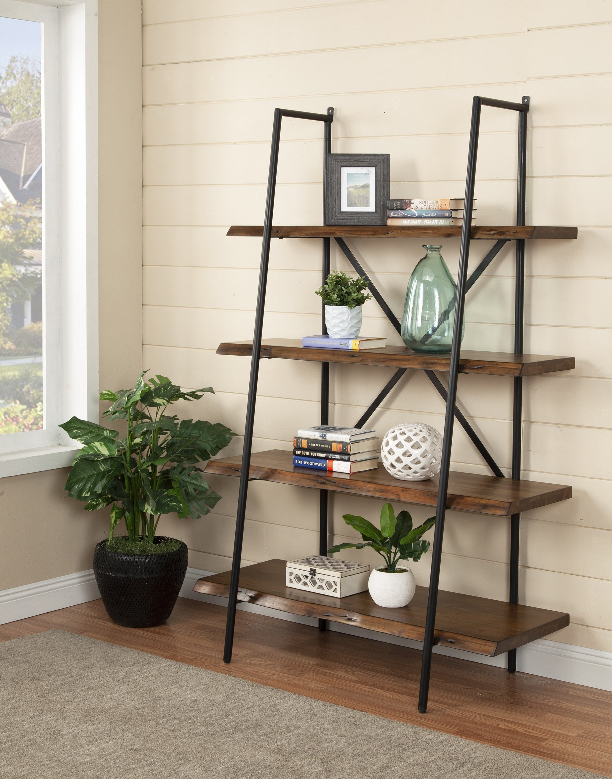 79" Brown and Black Acacia Live Edge Vertical Step Open Back Bookcase