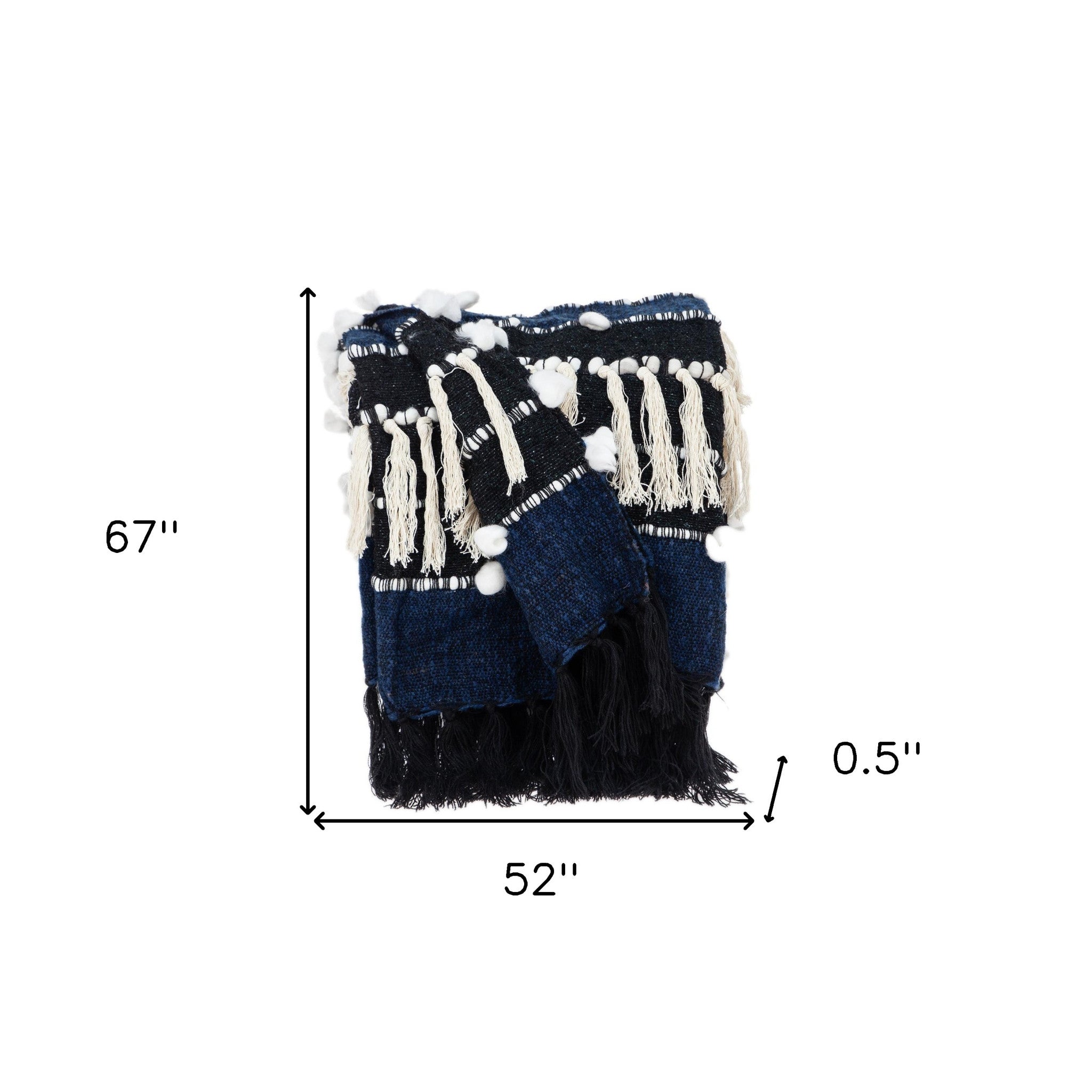 Navy Blue Boho Woven Handloom Throw with Pom Pom