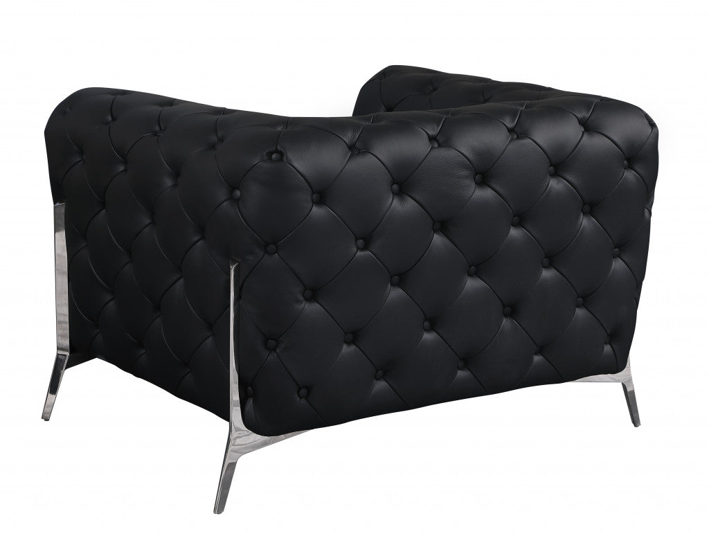 Glam Black and Chrome Tufted Leather Armchair