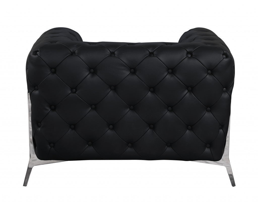 Glam Black and Chrome Tufted Leather Armchair