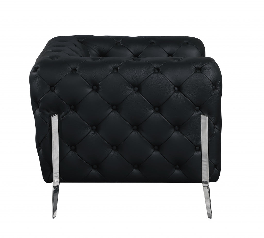 Glam Black and Chrome Tufted Leather Armchair