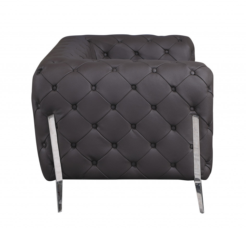 Glam Espresso Brown and Chrome Tufted Leather Armchair