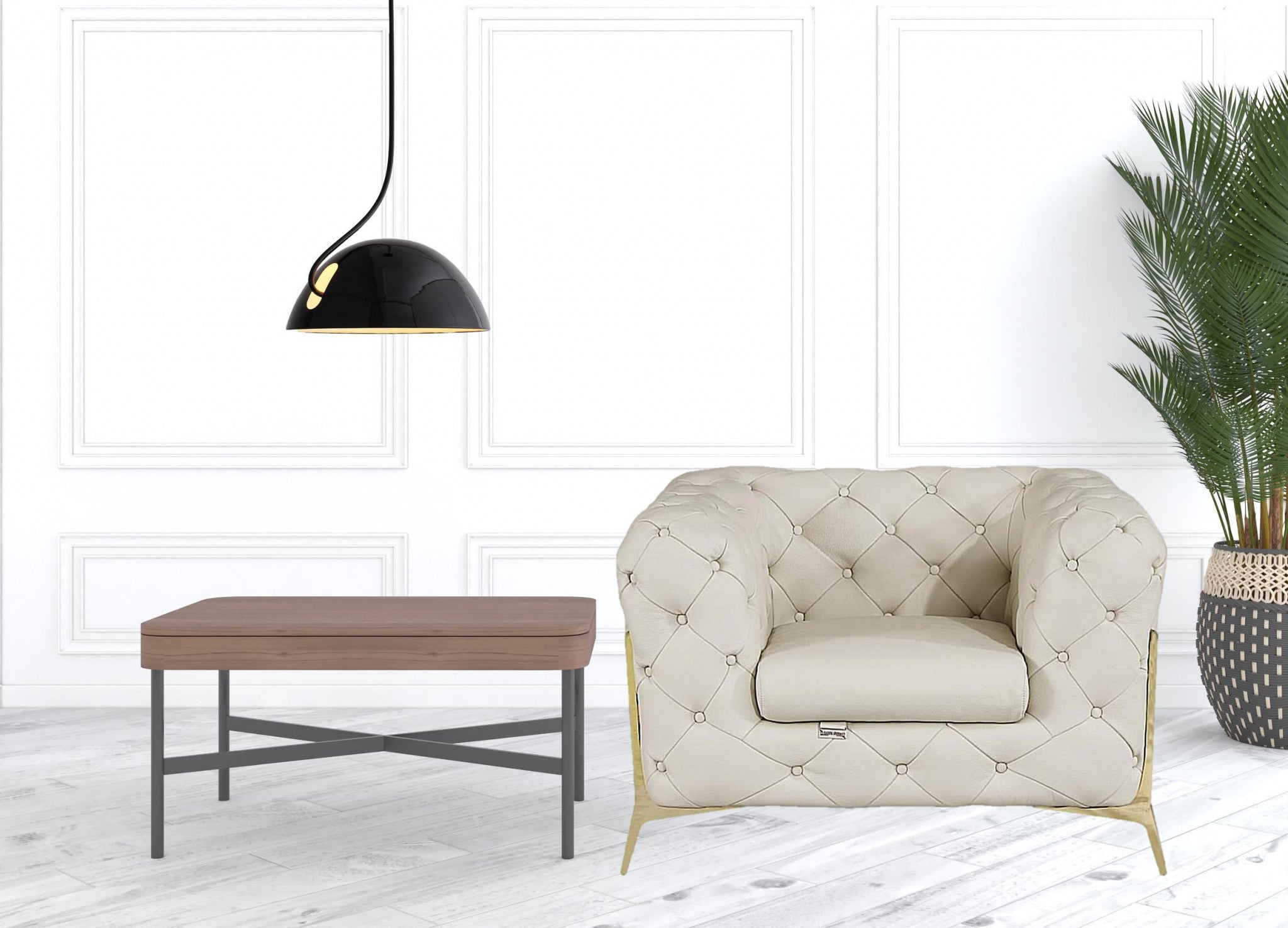 Glam Beige and Gold Tufted Leather Armchair