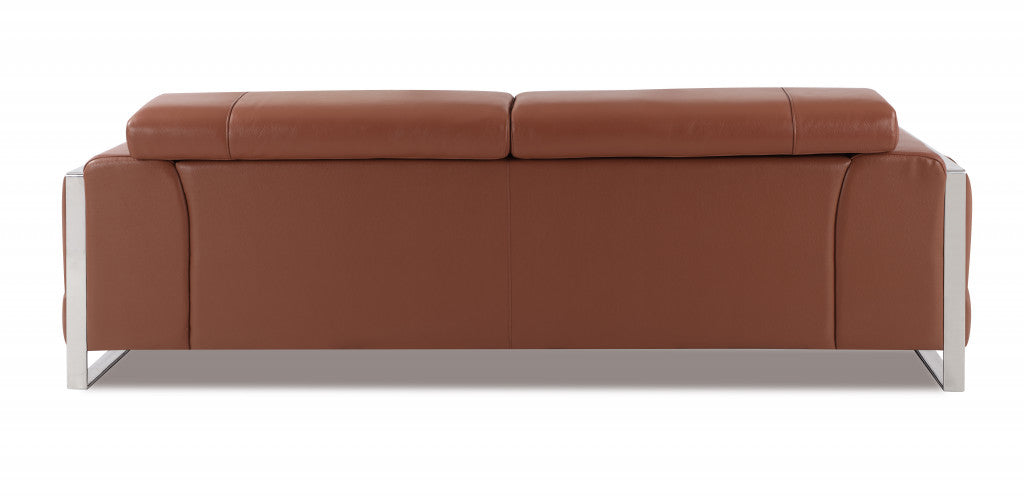 89" Camel Brown and Chrome Genuine Leather Sofa