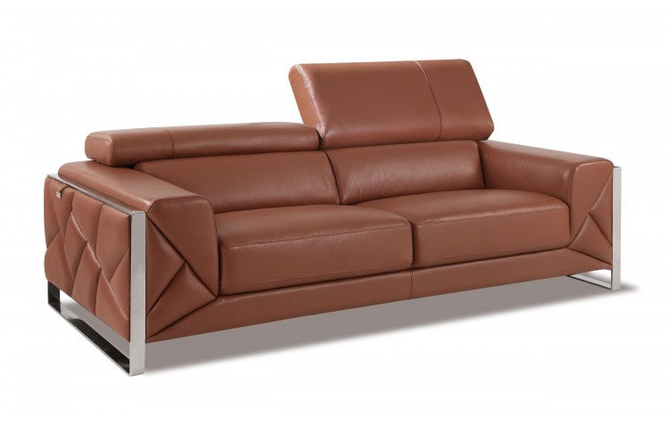 89" Camel Brown and Chrome Genuine Leather Sofa