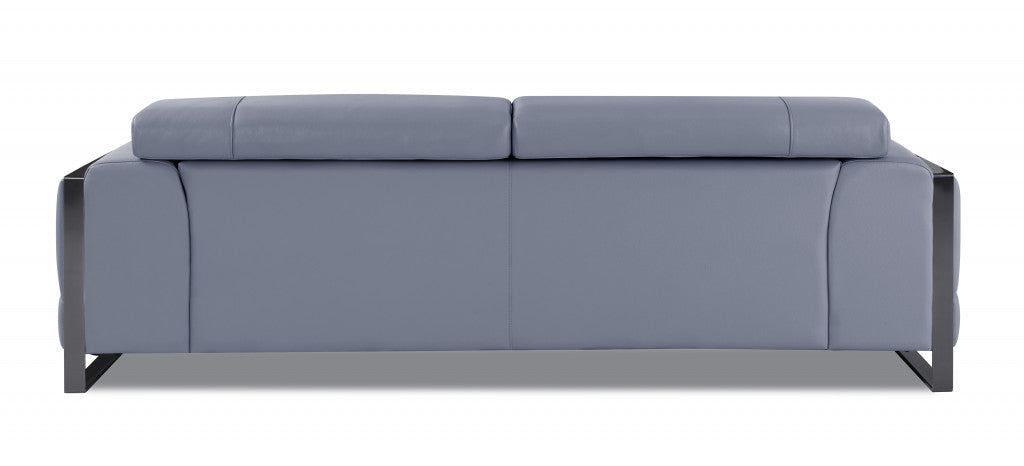 89" Light Blue and Chrome Genuine Leather Sofa