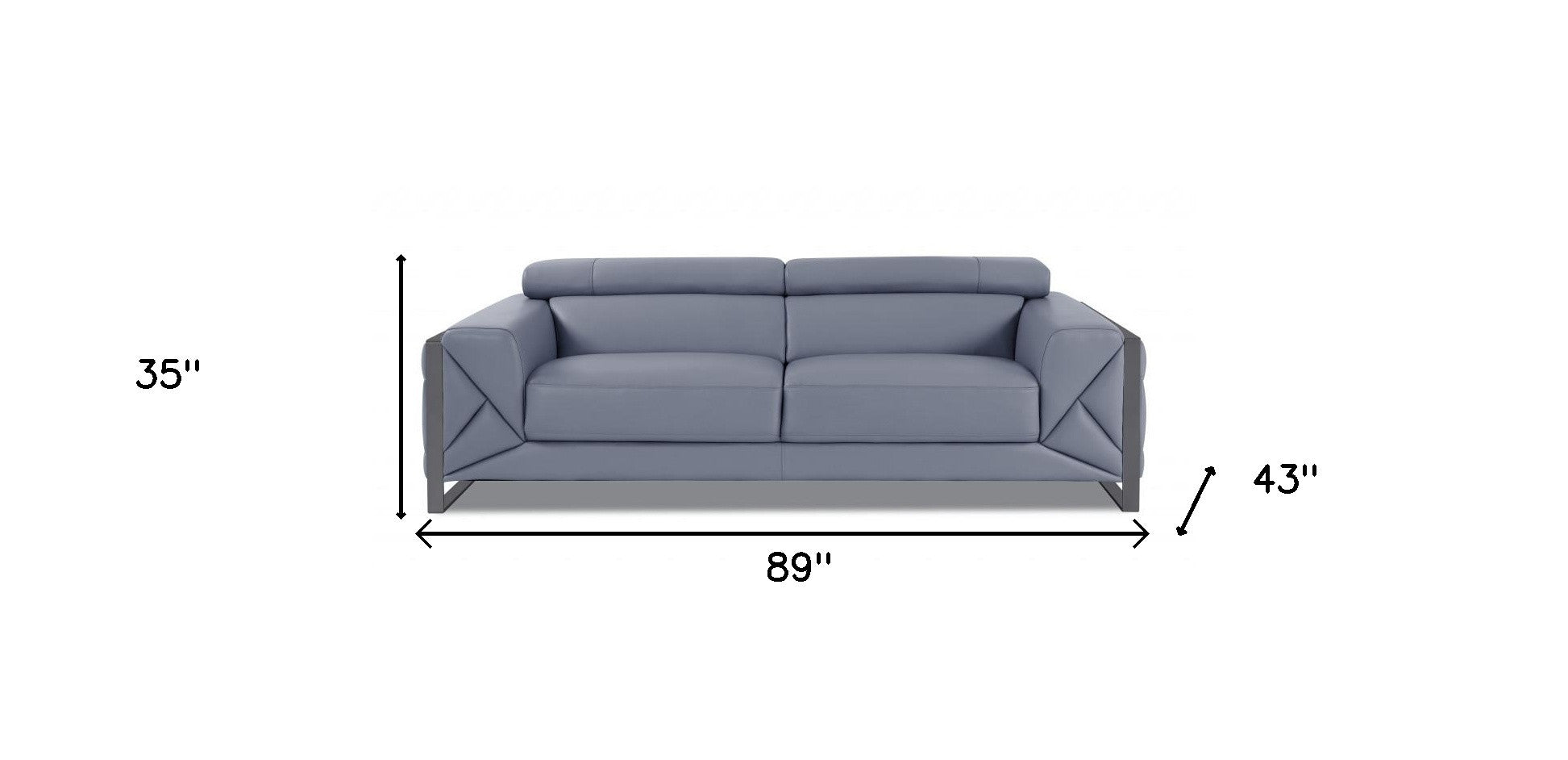 89" Light Blue and Chrome Genuine Leather Sofa