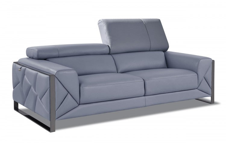 89" Light Blue and Chrome Genuine Leather Sofa