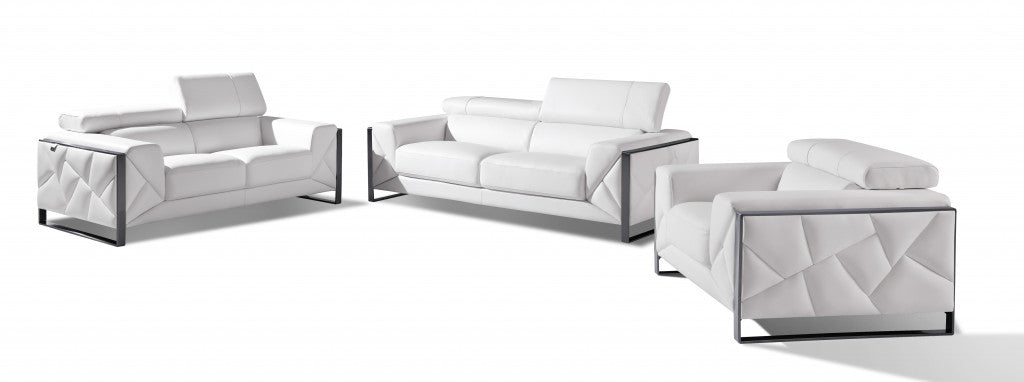 89" White and Chrome Genuine Leather Sofa