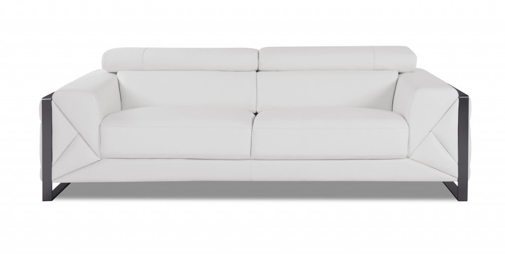 89" White and Chrome Genuine Leather Sofa