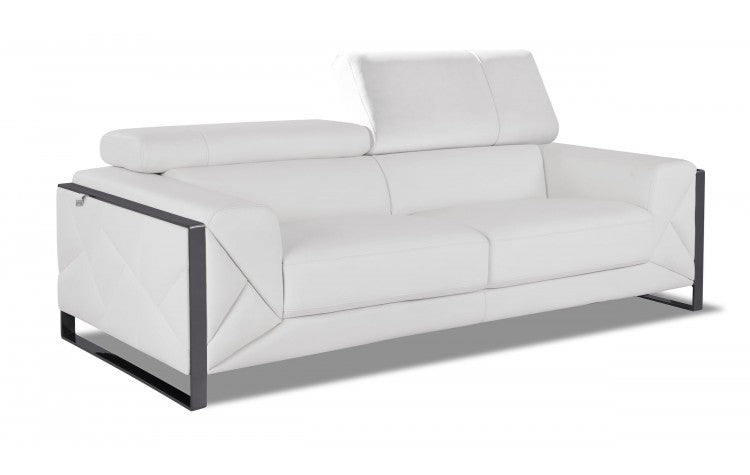 89" White and Chrome Genuine Leather Sofa