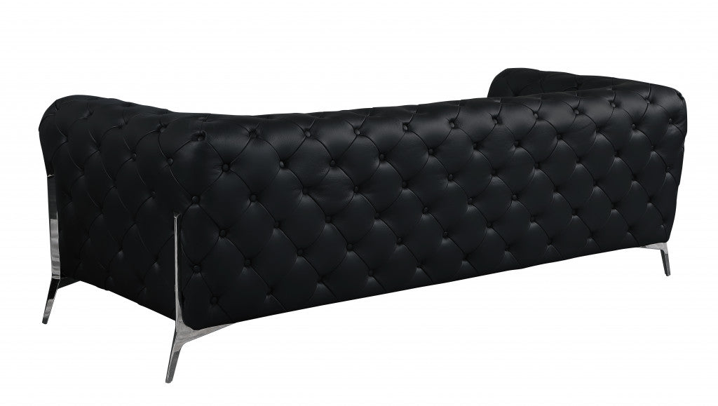 93" Black Genuine Tufted Leather and Chrome Sofa