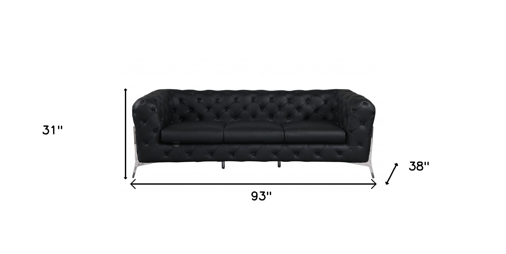 93" Black Genuine Tufted Leather and Chrome Sofa