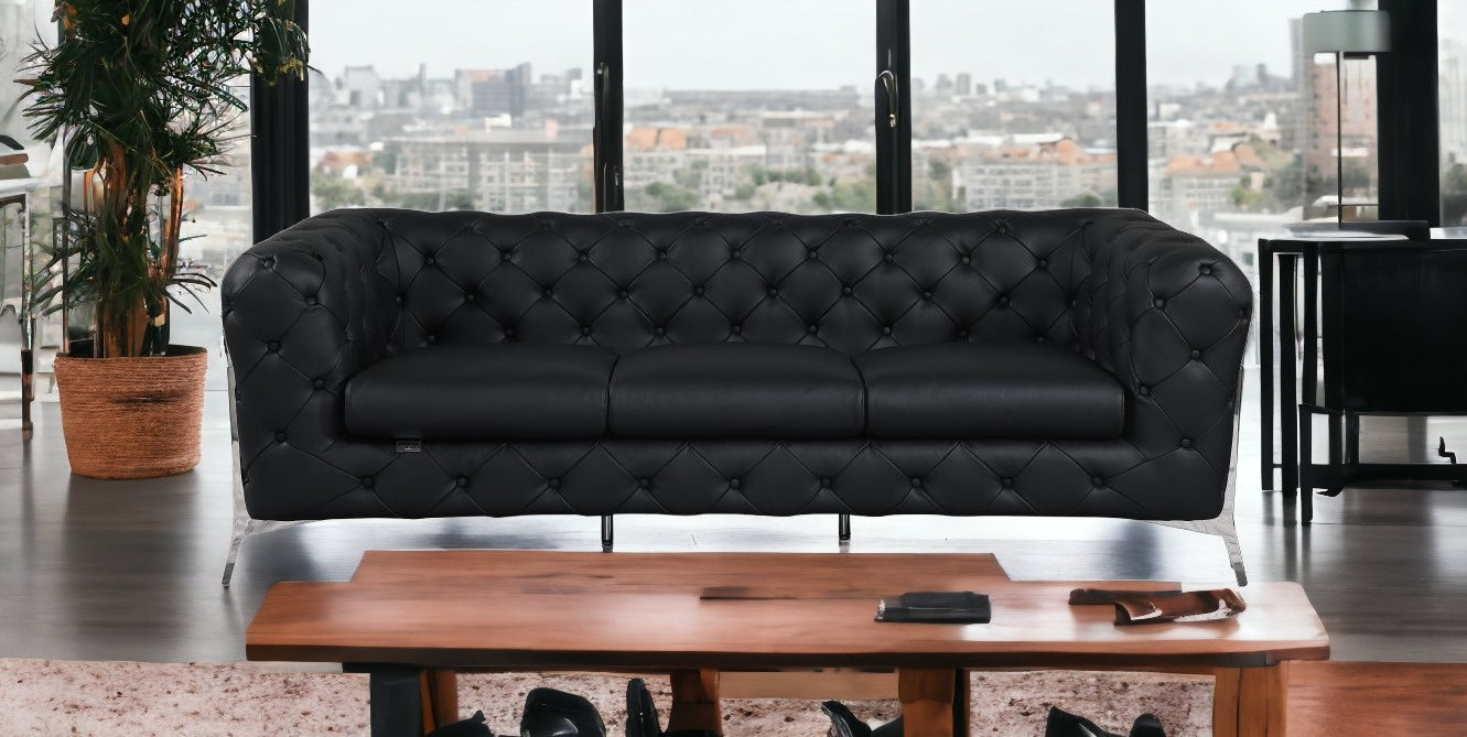 93" Black Genuine Tufted Leather and Chrome Sofa