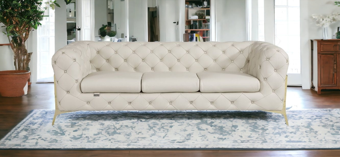 93" Beige Genuine Button Tufted Leather Sofa