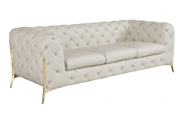 93" Beige Genuine Button Tufted Leather Sofa