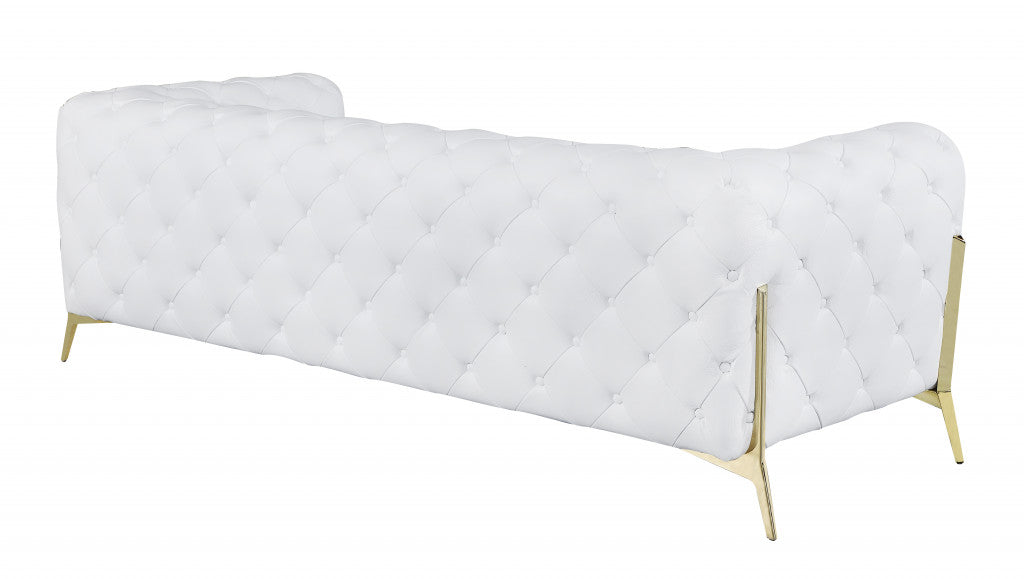 93" White and Gold Genuine Tufted Leather Sofa