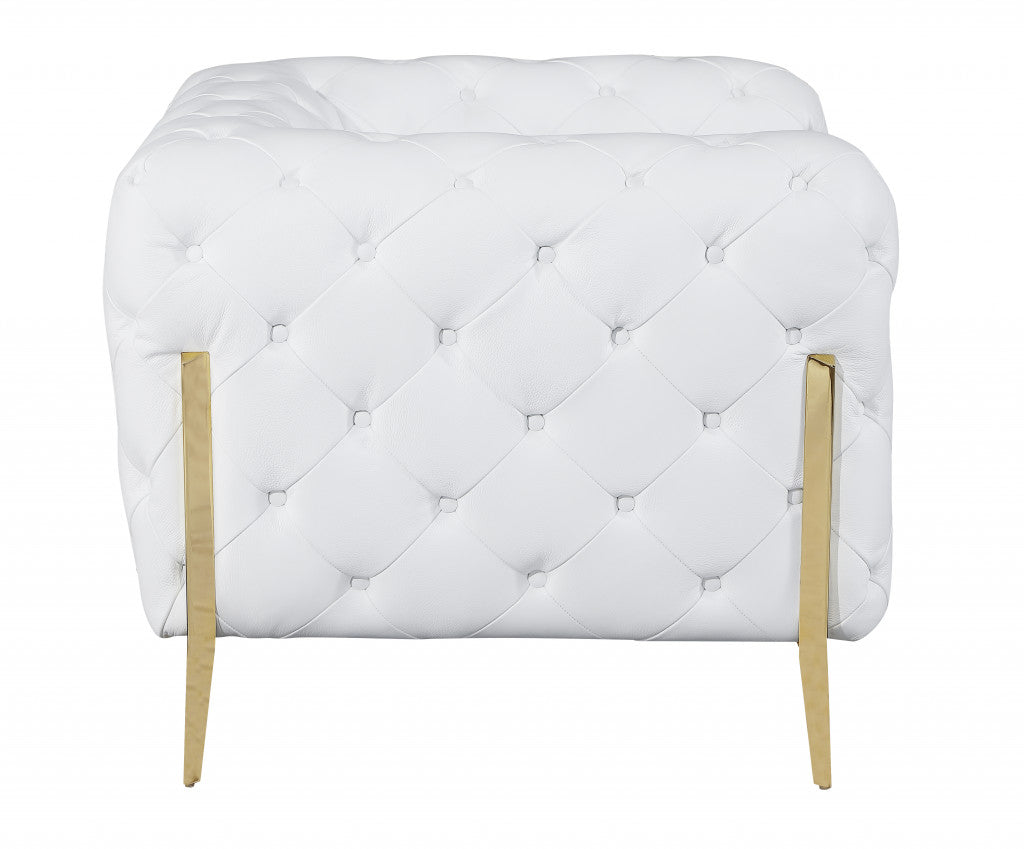 93" White and Gold Genuine Tufted Leather Sofa