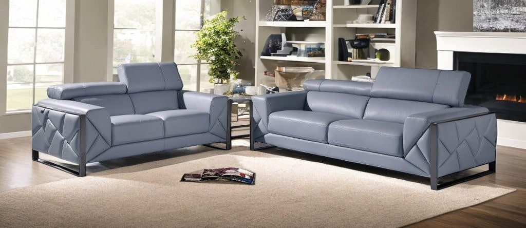 Two Piece Light Blue Italian Leather Five Person Seating Set