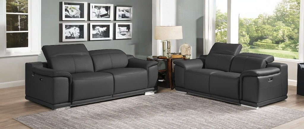 Two Piece Indoor Dark Gray Italian Leather Five Person Seating Set