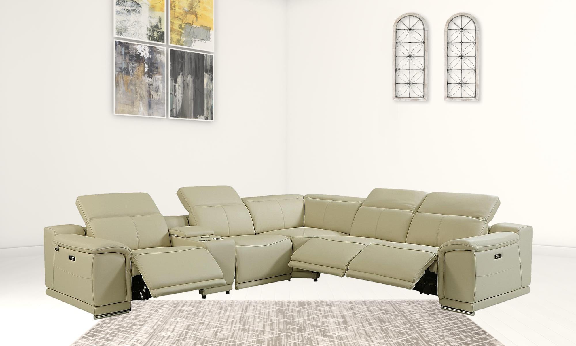 Beige Italian Leather Power Recline L Shape Six Piece Corner Sectional With Console