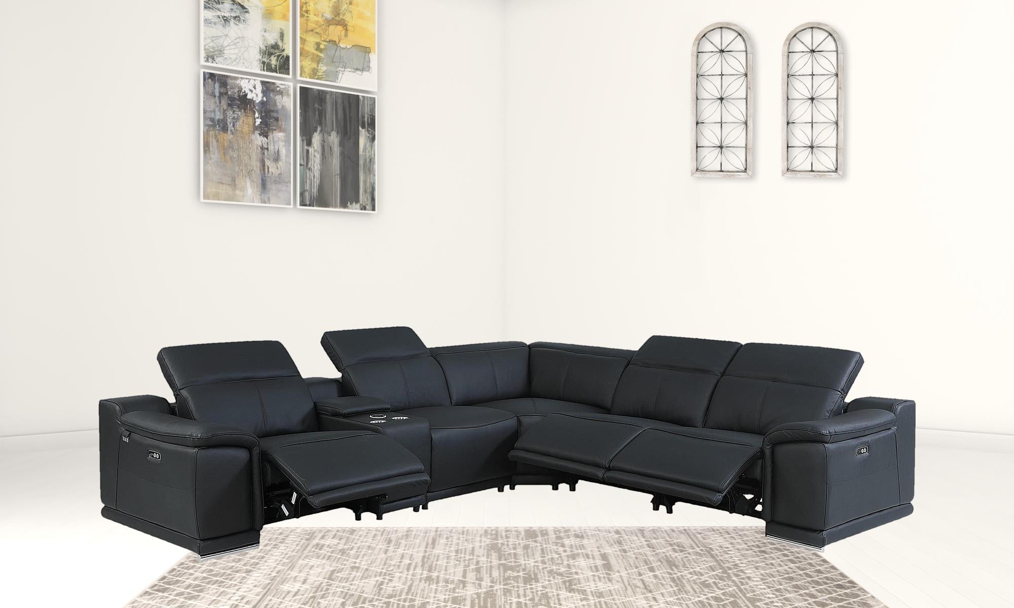 Black Italian Leather Power Recline L Shape Six Piece Corner Sectional With Console