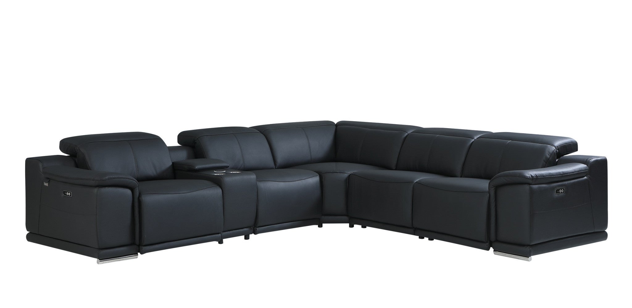 Black Italian Leather Power Recline L Shape Six Piece Corner Sectional With Console