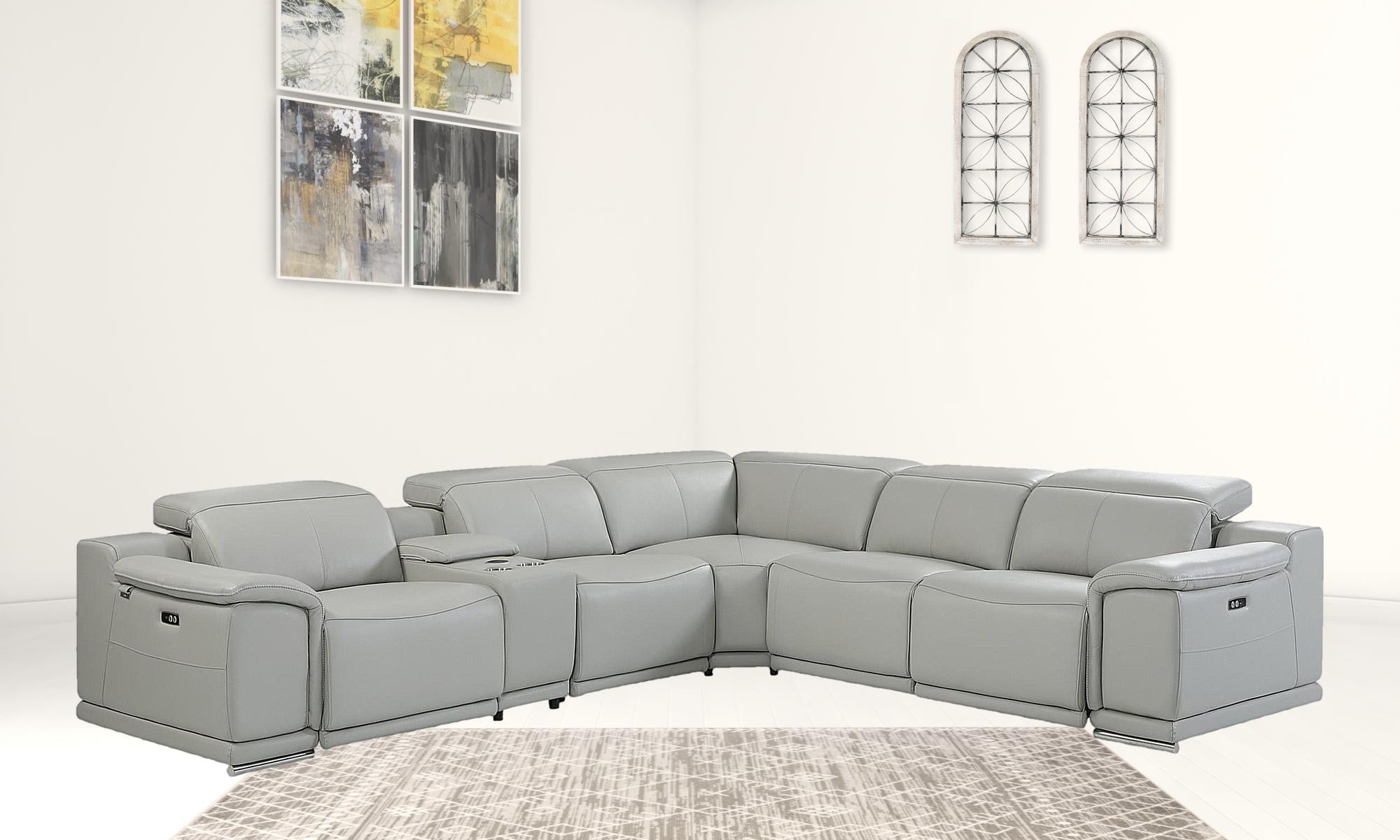 Italian Leather Power Reclining Six Piece Corner Sectional With Console