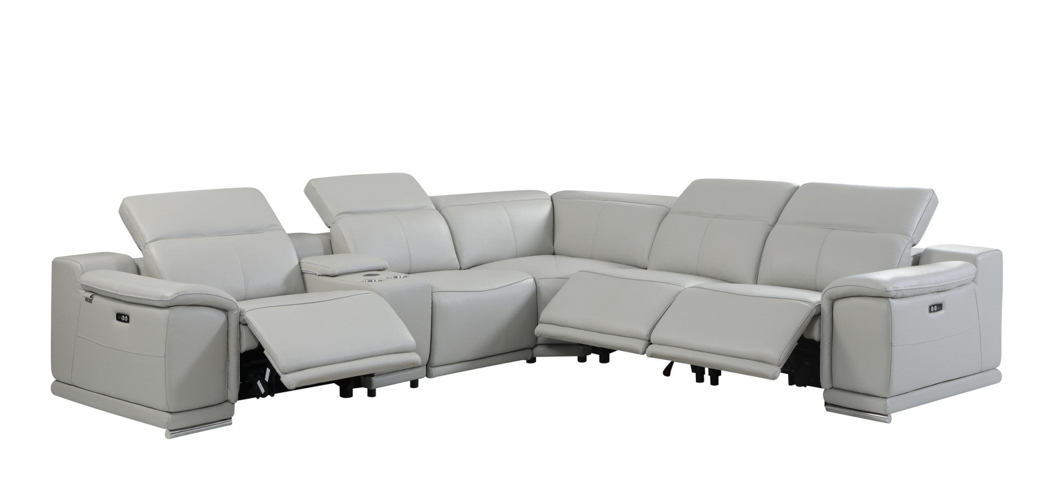 Italian Leather Power Reclining Six Piece Corner Sectional With Console