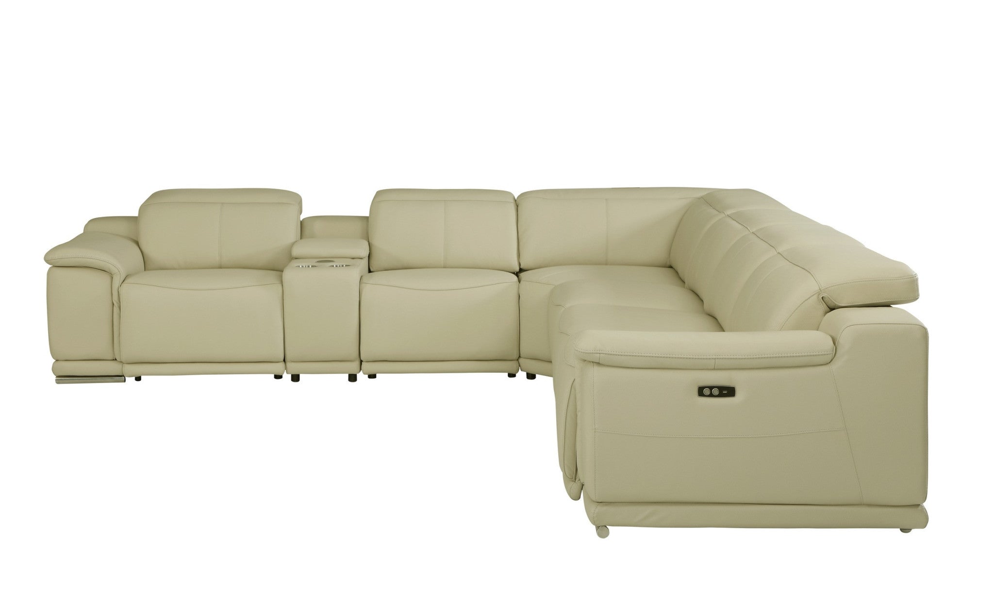 Beige Italian Leather Power Recline L Shape Seven Piece Corner Sectional With Console