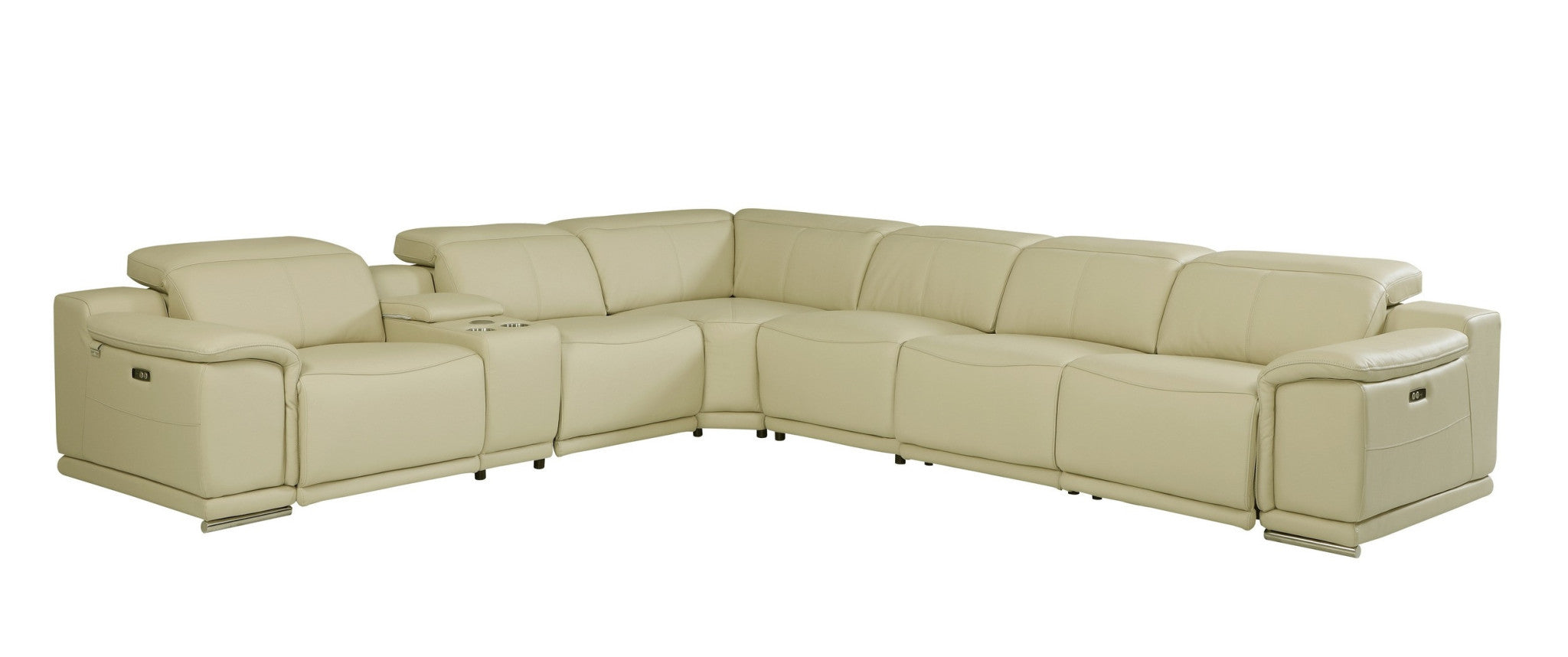 Beige Italian Leather Power Recline L Shape Seven Piece Corner Sectional With Console