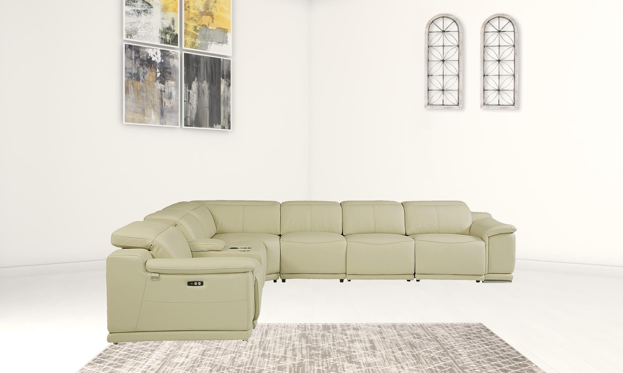 Beige Italian Leather Power Recline L Shape Seven Piece Corner Sectional With Console