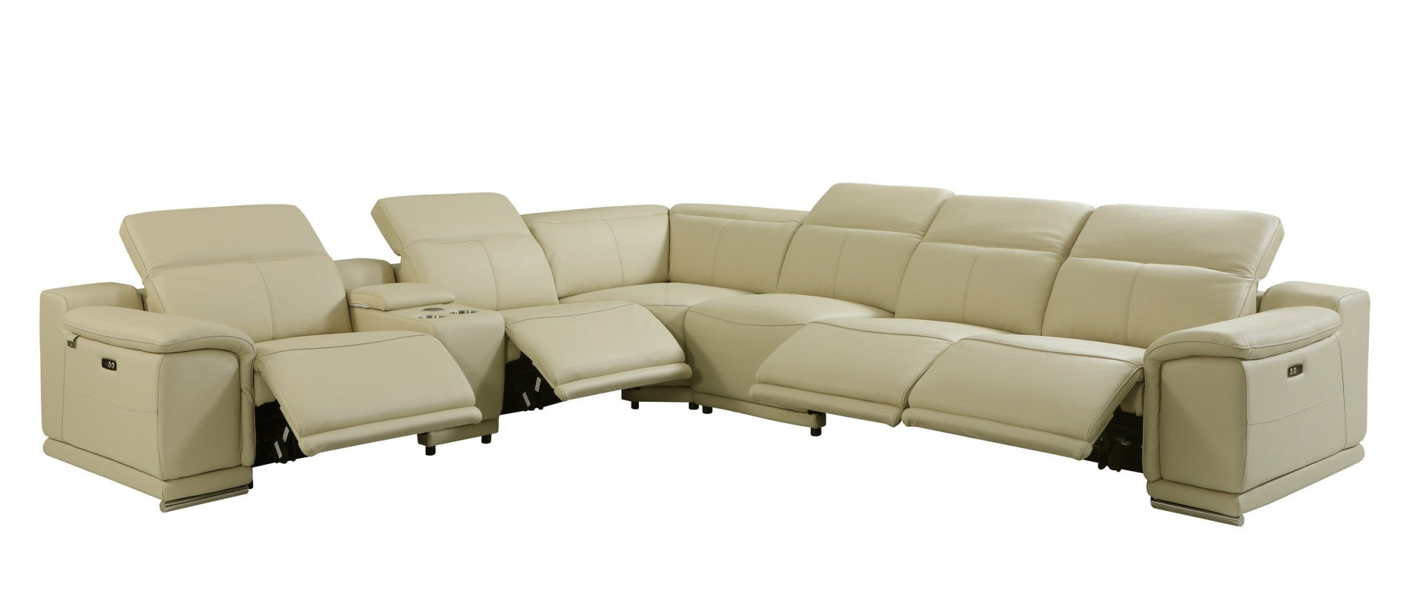 Beige Italian Leather Power Recline L Shape Seven Piece Corner Sectional With Console