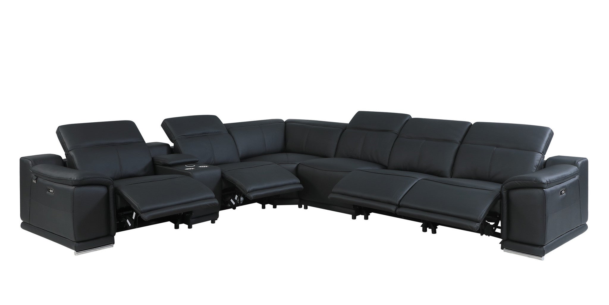 Black Italian Leather Power Reclining U Shaped Seven Piece Corner Sectional With Console