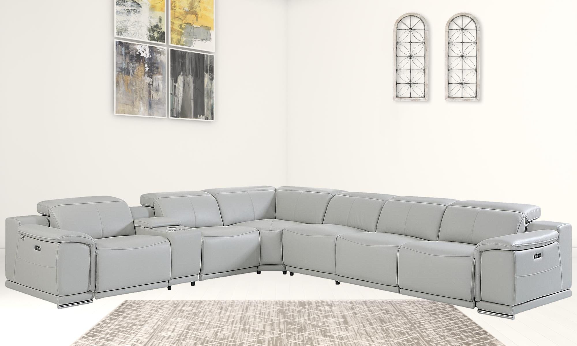 Light Gray Italian Leather Power Reclining U Shaped Seven Piece Corner Sectional With Console