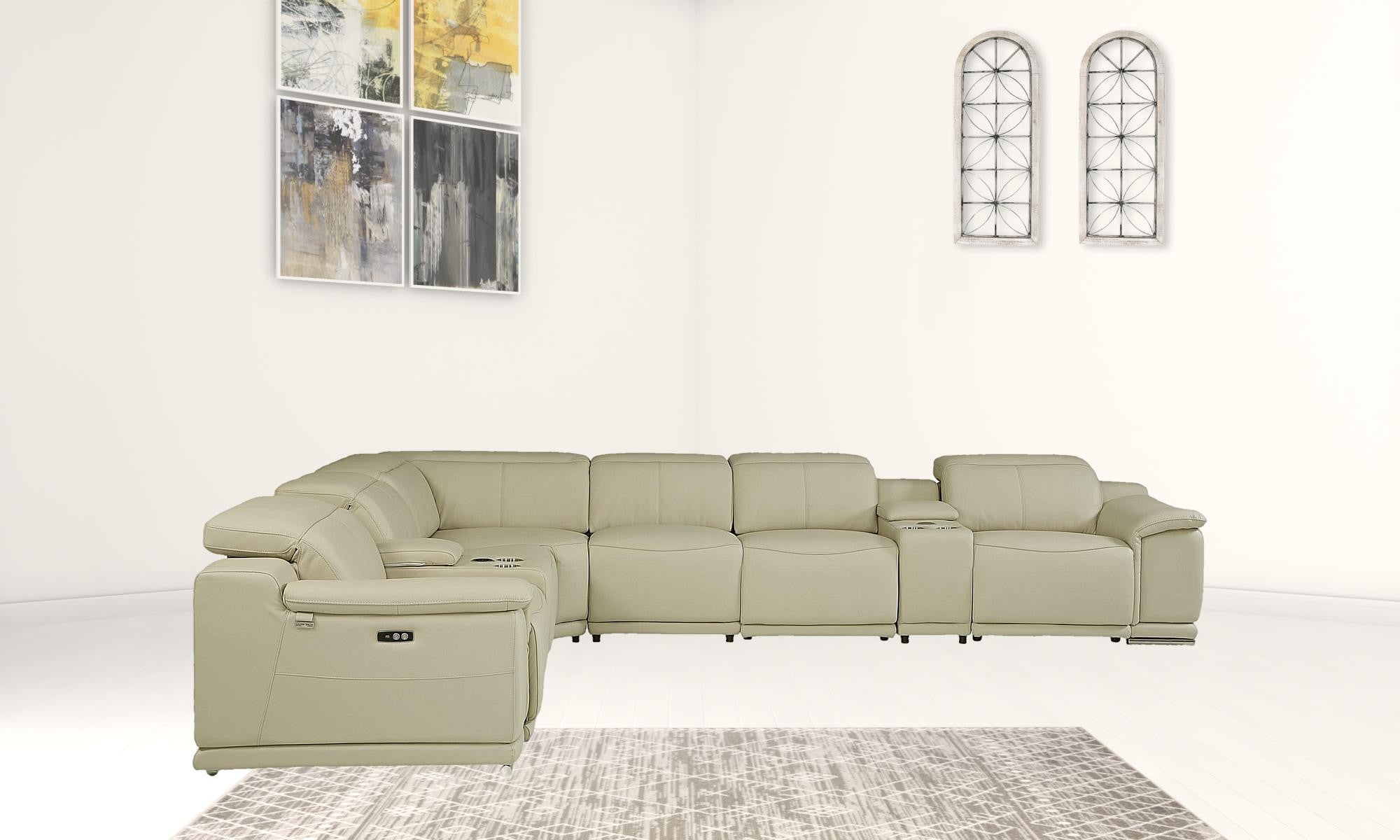 Beige Italian Leather Power Reclining U Shaped Eight Piece Corner Sectional With Console