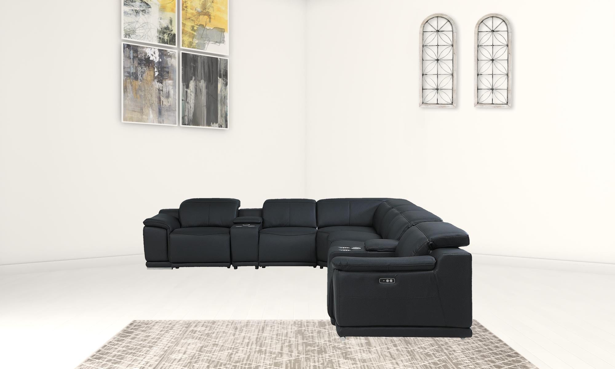 Black Italian Leather Power Reclining U Shaped Eight Piece Corner Sectional With Console