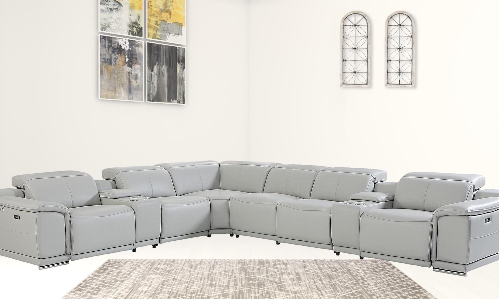 Light Gray Italian Leather Power Reclining U Shaped Eight Piece Corner Sectional With Console