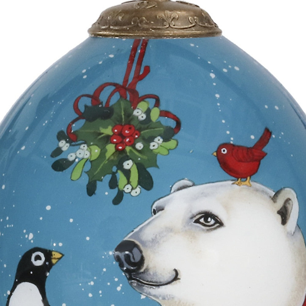 Snowy Polar Bear and Penguin Hand Painted Mouth Blown Glass Ornament