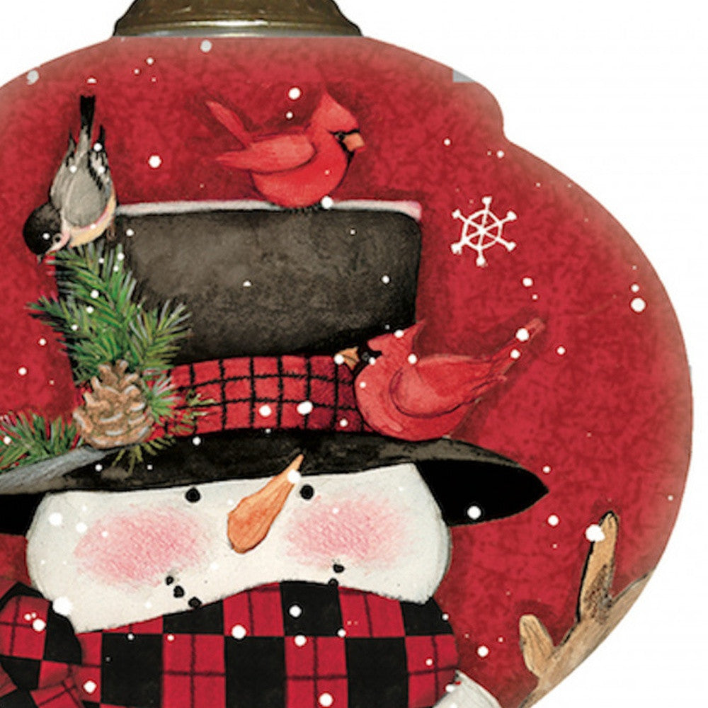 Plaid Snowman and Cardinals Hand Painted Mouth Blown Glass Ornament