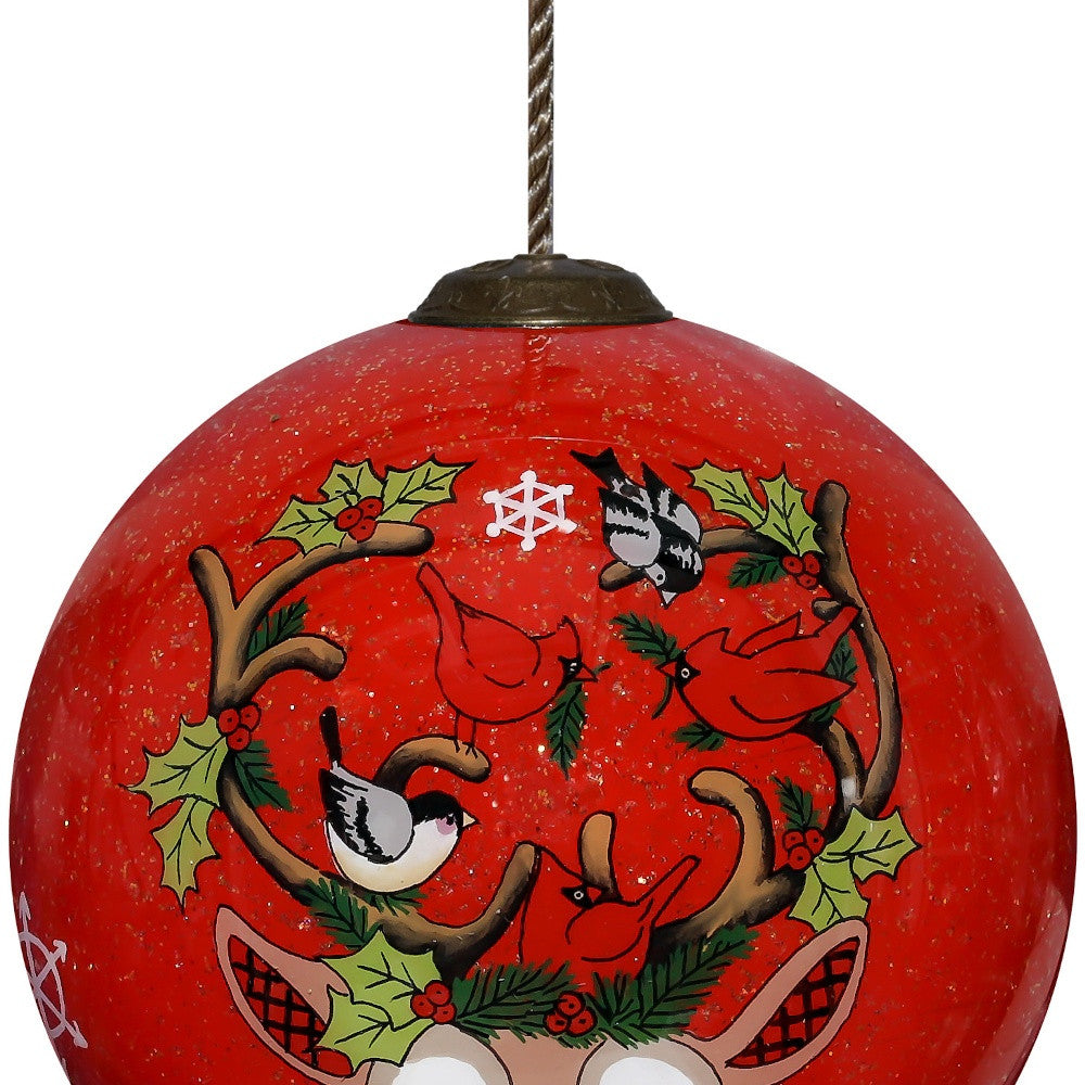 Reindeer with Plaids and Cardinals Hand Painted Mouth Blown Glass Ornament