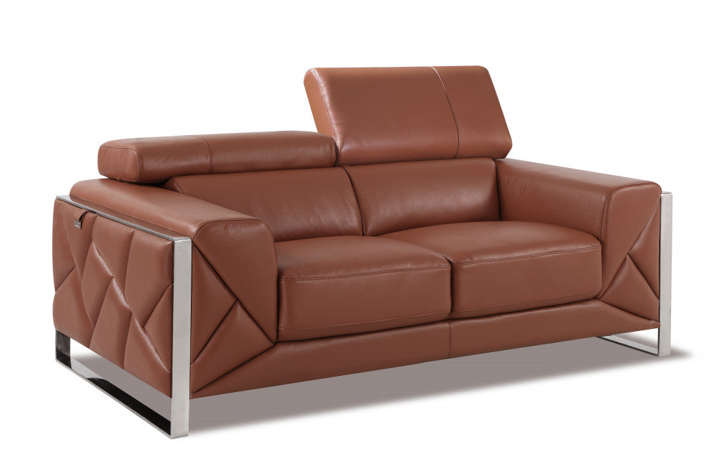 75" Camel Brown Italian Leather and Chrome Love Seat