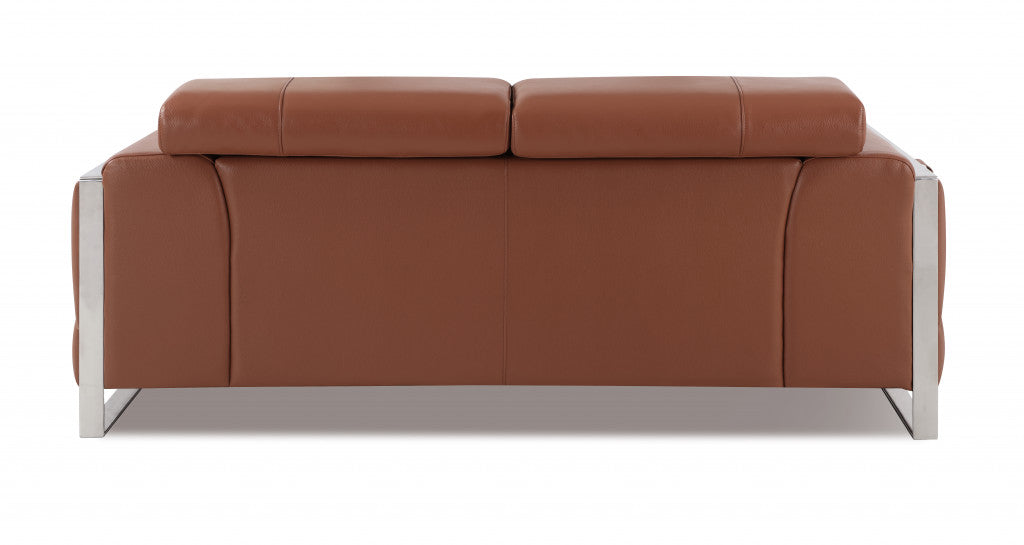 75" Camel Brown Italian Leather and Chrome Love Seat