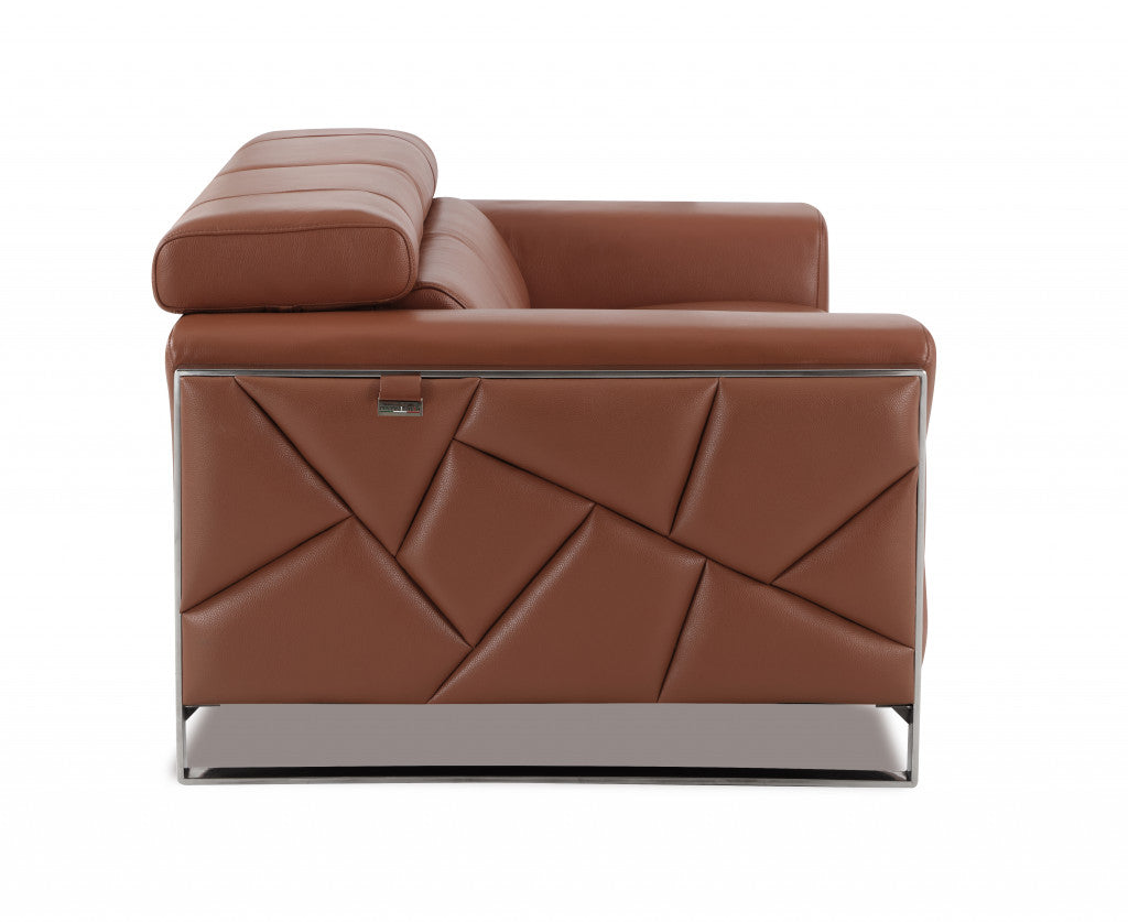 75" Camel Brown Italian Leather and Chrome Love Seat