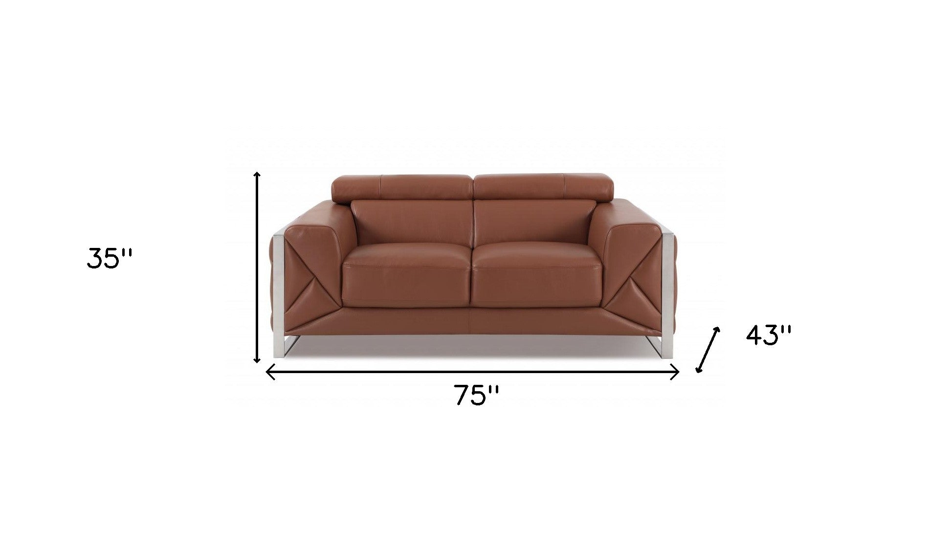 75" Camel Brown Italian Leather and Chrome Love Seat