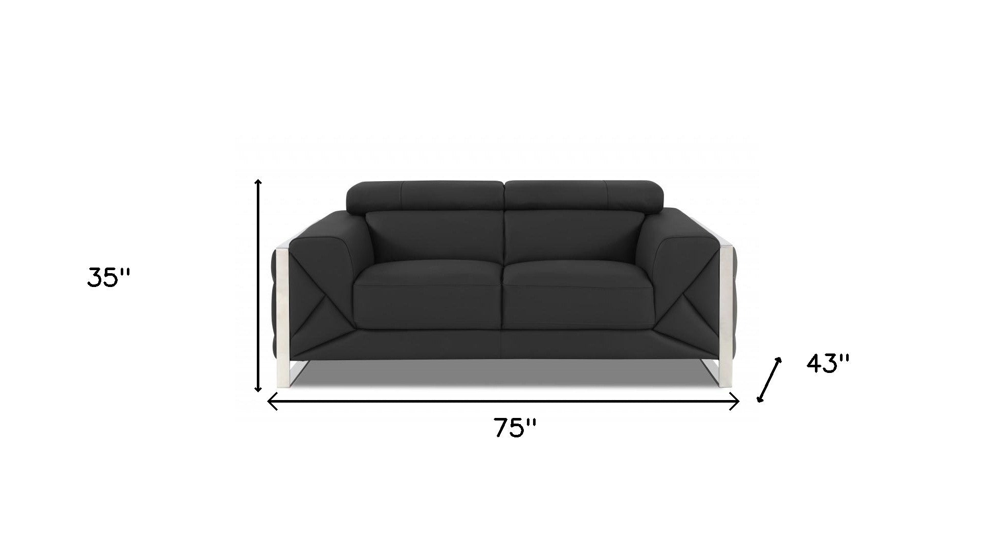 75" Dark Gray Italian Leather and Chrome Love Seat