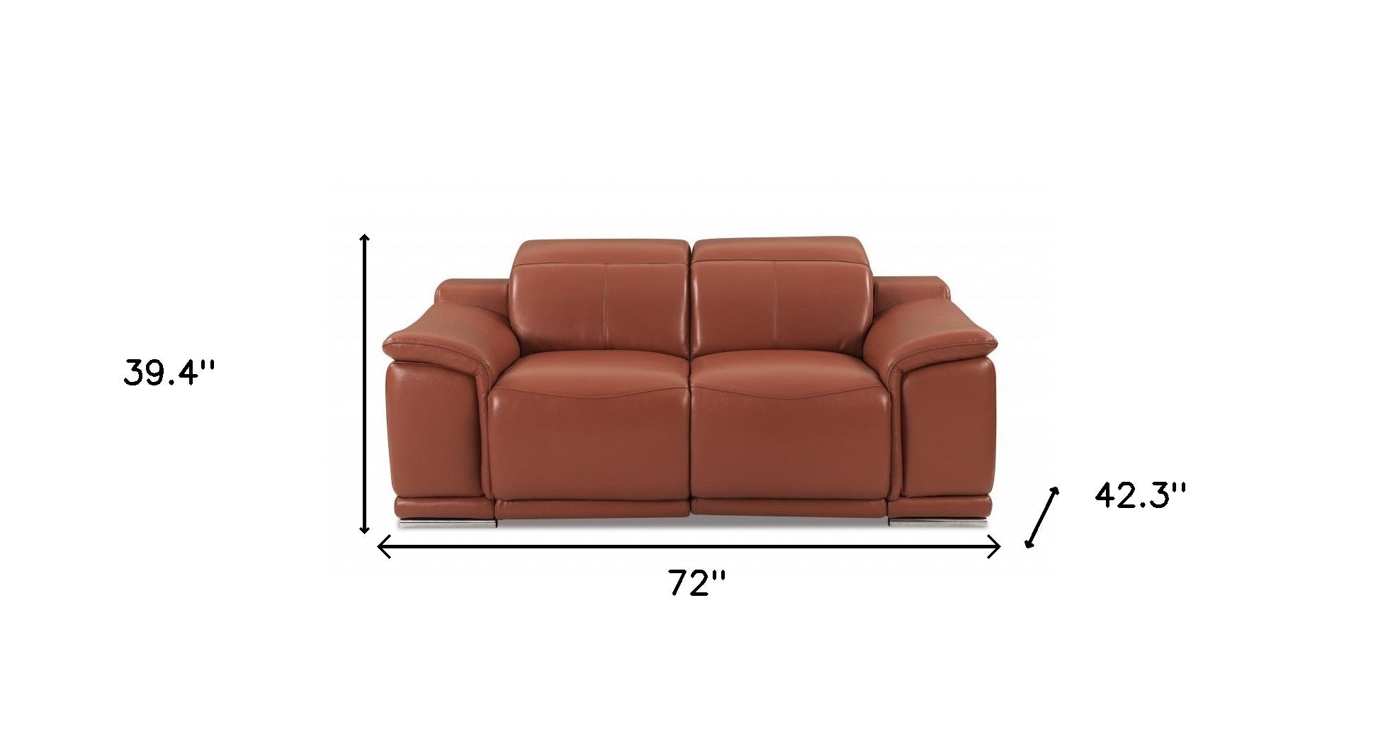 72" Camel Brown Italian Leather and Chrome Power Recline Love Seat With Storage